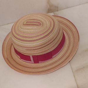 Badgley Mischka Straw Fedora Women's Natural Pink Purple Hat Band Excellent Cond